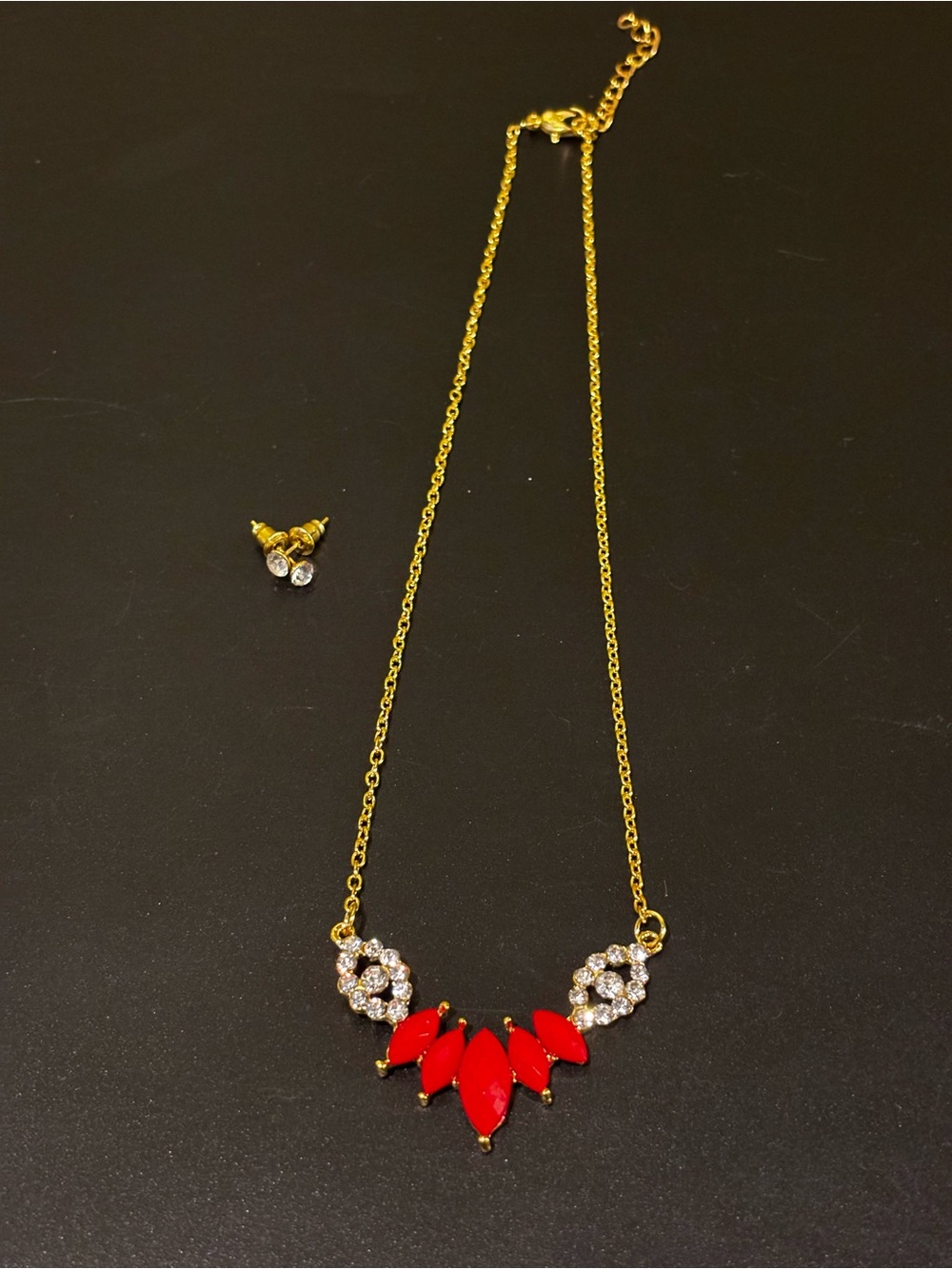Fashion Jewelry Gold Necklace with Red and Clear Crystal Accents - Picture 9 of 10